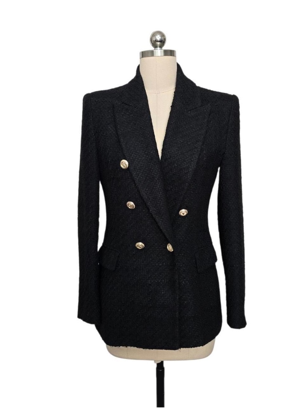 Zara Black Double-Breasted Textured Tweed Boucle Style Blazer with Gold Buttons